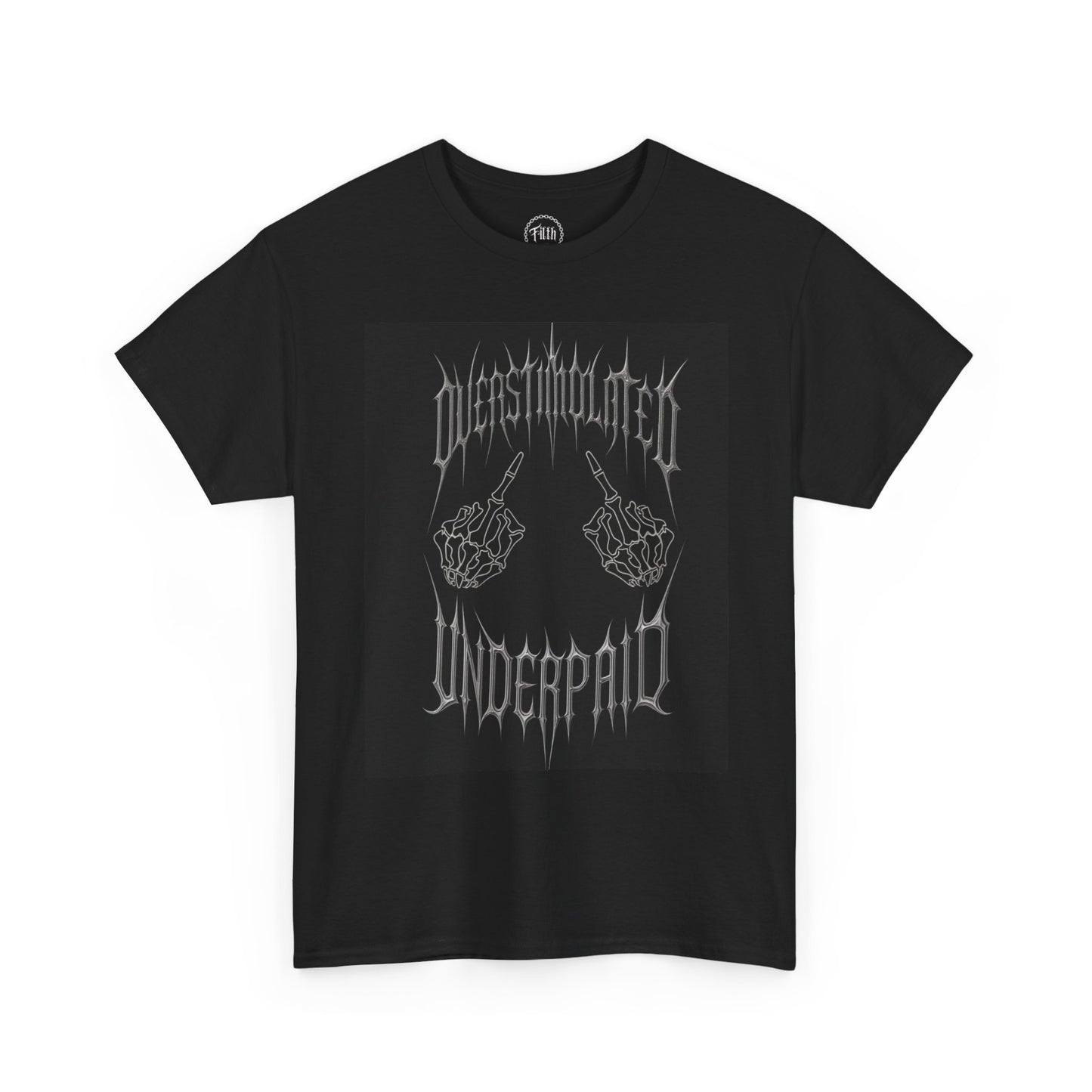 Overstimulated and Underpaid Skeleton Middle Finger T Shirt Funny Dark Humor Graphic Tee Antiwork Unisex by FilthGen